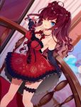  1girl :3 ;p ahoge alcohol bangs black_gloves blue_eyes bow breasts brown_hair cross-laced_clothes cup curly_hair dress dress_lift drinking_glass dutch_angle earrings elbow_gloves frilled_dress frills gloves hair_over_one_eye hair_ribbon highres holding_drinking_glass ichinose_shiki idolmaster idolmaster_cinderella_girls jewelry large_breasts long_hair looking_at_viewer obybuss one_eye_closed railing red_dress ribbon short_dress sleeveless sleeveless_dress solo thigh_strap tongue tongue_out two_side_up wine wine_glass 