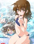  2girls air_bubble alternate_hairstyle bikini blue_bikini blush brown_hair dd_(ijigendd) fang flat_chest frown hair_down ikazuchi_(kantai_collection) inazuma_(kantai_collection) kantai_collection kneeling long_hair looking_at_viewer multiple_girls navel numbered open_mouth poolside swimsuit underwater water wavy_mouth 