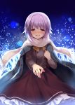  1girl :d blush brown_eyes fummy hair_ornament hairclip idolmaster idolmaster_cinderella_girls jacket_on_shoulders jewelry koshimizu_sachiko looking_at_viewer open_mouth outstretched_arm purple_hair ring scarf school_uniform short_hair smile tears 