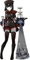  1girl akitsu_maru_(kantai_collection) black_eyes black_hair boots fishnets hat kantai_collection kuuro_kuro machinery military military_uniform official_art pale_skin peaked_cap plaid plaid_skirt pleated_skirt saury searchlight short_hair skirt thigh-highs uniform 