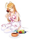  1girl antenna_hair apron bird braid chocolate food french_braid fruit full_body hibiki_haruko highres holding kiwi kure_masahiro long_hair looking_at_viewer melon official_art scar simple_background sitting smile solo thigh-highs valkyrie_drive valkyrie_drive_-siren- white_background white_legwear yokozuwari 