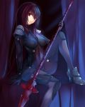  1girl armor armored_boots asato_(fadeless) bodysuit boots breasts covered_navel fate/grand_order fate_(series) gae_bolg high_heels highres holding holding_weapon long_hair looking_at_viewer parted_lips purple_hair scathach_(fate/grand_order) shoulder_armor sitting solo very_long_hair weapon 