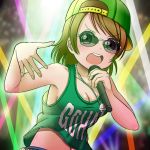  &gt;:o 1girl :o armpits backwards_hat bangs baseball_cap belly_peek bluebird_(bluebird90) breasts brown_hair cleavage clothes_writing commentary_request green_hat hand_gesture hat holding_microphone jewelry koizumi_hanayo love_live! love_live!_school_idol_project medium_breasts microphone necklace rap short_hair solo stage_lights sunglasses swept_bangs tank_top upper_body violet_eyes 