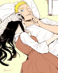  1boy 1girl bandaged_arm black_hair blonde_hair blue_eyes closed_eyes couple finger_to_mouth hetero hyuuga_hinata lying naruto one_eye_closed pillow satomi_(n-s_freedom) sleeping uzumaki_naruto whisker_markings 