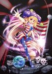  1girl american_flag american_flag_dress american_flag_legwear blonde_hair blush clownpiece commentary_request dress earth fairy_wings fang flag full_body hat jester_cap long_hair looking_at_viewer neck_ruff one_leg_raised open_mouth outstretched_arm pantyhose polka_dot short_dress short_sleeves skull smile solo space standing standing_on_one_leg star star_(sky) star_print striped touhou very_long_hair wings z.o.b 