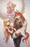 1girl animal_ears bare_shoulders barefoot belt blonde_hair braid breasts carrying dog dog_ears dog_tail elf furry highres interlocked_fingers large_breasts long_hair looking_at_another original pants pointy_ears princess_carry red_eyes shirt sleeveless sweat sweater_vest tail very_long_hair yamamoto_shikaku 