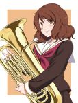  1girl blush brown_eyes brown_hair euphonium hibike!_euphonium holding_instrument instrument long_hair looking_at_viewer oumae_kumiko sailor school_uniform shukuzaki simple_background smug v 