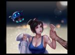  1boy 1girl arm_grab bandaged_arm bandaid bandaid_on_face black_border black_hair blue_background blue_shirt blurry bokeh border breasts brown_eyes cleavage coat collarbone depth_of_field dragon_tattoo floating fur_trim gradient gradient_background grey_background hair_bun hair_ornament hair_stick hanzo_(overwatch) highres large_breasts lips lipstick looking_at_another looking_to_the_side makeup mei_(overwatch) nose out_of_frame overwatch parted_lips realistic red_lipstick robot sanmeosore_ryuuebi shirt short_hair snow snowball_(overwatch) tank_top undressing upper_body 