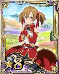  1girl black_skirt breastplate brown_hair card_(medium) fingerless_gloves flower gloves hair_ribbon holding holding_flower kneeling number pleated_skirt red_eyes red_gloves red_ribbon ribbon short_hair short_twintails silica skirt smile solo sword_art_online thigh-highs twintails zettai_ryouiki 