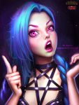  1girl absurdres artist_name ayya_saparniyazova blue_hair character_name copyright_name eyebrows eyelashes fingernails freckles highres huge_filesize jinx_(league_of_legends) league_of_legends lips long_hair nail_polish no_bangs nose open_mouth parted_lips purple_nails solo teeth tongue upper_body violet_eyes watermark web_address 