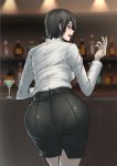  1girl alcohol ass black_hair blush brown_eyes cocktail_glass cup drinking_glass from_behind highres office_lady open_mouth original pantylines pencil_skirt short_hair skirt smile solo vanzan 