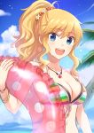  1girl bekkourico blonde_hair blue_eyes blush bracelet breasts cleavage eyebrows eyebrows_visible_through_hair front-tie_top hair_ornament idolmaster idolmaster_cinderella_girls innertube jewelry long_hair looking_at_viewer medium_breasts necklace ootsuki_yui open_mouth outdoors ponytail solo swimsuit upper_body 
