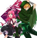  1boy 1girl :d archer_(fate/extra) armor armpits blue_eyes cloak detached_sleeves dress fang fate/extra fate/extra_ccc fate_(series) flat_chest gloves green_eyes green_gloves hair_over_one_eye highres hood hooded_cloak horns lancer_(fate/extra_ccc) locked_arms long_hair looking_at_viewer open_mouth orange_hair pointy_ears smile sweatdrop tail twitter_username ya_4004 
