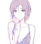  1girl bare_shoulders black_hair bra breasts female hachiware hand_on_own_face idolmaster kikuchi_makoto looking_at_viewer partially_colored simple_background sketch solo underwear upper_body white_background 