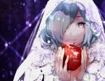  1girl apple food fruit grey_eyes hair_over_one_eye kirishima_touka silver_hair smile solo tokyo_ghoul veil ya_4004 