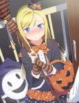  1girl blonde_hair blue_eyes blush bow broom closed_mouth door dress dutch_angle eyebrows eyebrows_visible_through_hair frills ghost halloween hat highres holding_broom jack-o&#039;-lantern long_hair mini_hat mini_top_hat nose_blush open_door orange_bow original railing smile solid_oval_eyes solo_focus star star_print top_hat uma_(uma1111) witch witch_hat 