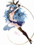  1girl animal_ears arm_up armpits blue_hair boots breasts brown_eyes brown_gloves butt_crack ferry_(granblue_fantasy) gloves granblue_fantasy high_heels highres holding holding_weapon long_hair looking_at_viewer sideboob smile solo thigh-highs very_long_hair weapon whip yummy_yoi 