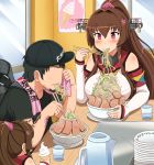  1boy 2girls baseball_cap bowl breasts brown_hair chopsticks commentary_request eating flower food glass hair_between_eyes hair_flower hair_ornament hat highres ice_cream_cone jewelry kantai_collection ko-yamato large_breasts long_hair multiple_girls noodles pitcher ramen ring shin&#039;en-san shin&#039;en_(gyokuro_company) translation_request very_long_hair violet_eyes wedding_ring yamato_(kantai_collection) 