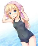  1girl arms_up blonde_hair blue_eyes covered_navel long_hair one-piece_swimsuit open_mouth original school_swimsuit solo swimsuit towel towel_on_head wheel_(misoshire) 