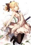  :d bare_shoulders blonde_hair bow detached_collar fate_(series) flower fukuda935 gloves green_eyes hair_bow jumping lily_(flower) looking_at_viewer open_mouth pantyhose petals saber saber_lily smile sword weapon white_background 