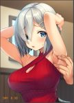 1girl alternate_costume armpits arms_up blue_eyes blush breasts cleavage cleavage_cutout eyes_visible_through_hair hair_ornament hair_over_one_eye hairclip hamakaze_(kantai_collection) kantai_collection large_breasts looking_at_viewer pokachu ribbed_sweater short_hair silver_hair solo_focus sweater 
