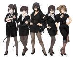  5girls akagi_(kantai_collection) alternate_costume belt belt_buckle bespectacled black_hair black_skirt blouse breasts brown_hair buckle cleavage collar collarbone crossed_arms glasses hands_on_hips headband high_heels highres kaga_(kantai_collection) kantai_collection large_breasts long_hair long_sleeves multiple_girls mutsu_(kantai_collection) nachi_(kantai_collection) nagato_(kantai_collection) odd_one_out office_lady pantyhose short_sleeves shoumaru_(gadget_box) simple_background skirt white_blouse 