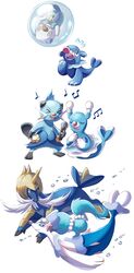  air_bubble brionne bubble conmimi dewott evolution facial_hair fins highres horns microphone music musical_note mustache oshawott otter pokemon pokemon_(creature) pokemon_(game) pokemon_bw pokemon_sm popplio samurott seal singing swimming tail tail_fin 