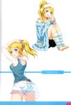  1girl absurdres ayase_eli blonde_hair blue_eyes blush cup highres holding leg_warmers looking_at_viewer looking_back love_live! love_live!_school_idol_festival love_live!_school_idol_project scan see-through shorts simple_background sitting smile white_background 