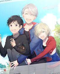  3boys black_hair blonde_hair brown_hair closed_eyes copyright_name fang grey_hair hair_over_one_eye heart hug instagram katsuki_yuuri male_focus miyamotokannn multiple_boys open_mouth photo platinum_blonde tree viktor_nikiforov waist_hug yuri!!!_on_ice yuri_plisetsky 