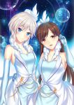  2girls absurdres anastasia_(idolmaster) bare_shoulders blue_eyes breasts brown_eyes brown_hair dress elbow_gloves gloves highres idolmaster idolmaster_cinderella_girls long_hair love_laika majin_(kiidoumajin) multiple_girls nitta_minami open_mouth pure_white_memories short_hair silver_hair smile 