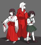  androgynous artist_name asriel_dreemurr barefoot blush_stickers brown_hair chara_(undertale) closed_eyes commentary fangs frisk_(undertale) furry grey_background hair_ribbon hands_clasped heart heart_necklace higurashi_kagome higurashi_kagome_(cosplay) inuyasha inuyasha_(character) inuyasha_(cosplay) japanese_clothes kikyou_(inuyasha) kikyou_(inuyasha)_(cosplay) kneehighs knife looking_back miko peppermintbee pleated_skirt ribbon sandals school_uniform serafuku short_hair skirt spoilers standing undertale white_hair wide_sleeves 