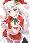  1girl blue_eyes breasts candy candy_cane capelet christmas cleavage food fur_trim gloves hat highres hyuuga_azuri long_hair merry_christmas original red_gloves sack santa_costume santa_hat silver_hair smile solo 