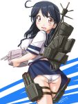  1girl ahoge anchor ass black_hair breast_rest breasts brown_eyes kantai_collection large_breasts machinery open_mouth panties rigging school_uniform serafuku solo tatsumi_rei underwear ushio_(kantai_collection) white_panties 