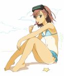  1girl :t barefoot bikini brown_eyes brown_hair clouds eating eyebrows eyebrows_visible_through_hair feet food from_side full_body head_mounted_display holding holding_food misaka_imouto navel popsicle samnedar shadow sitting sketch solo star striped striped_bikini swimsuit tan tanline to_aru_majutsu_no_index 