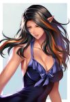  1girl black_dress black_hair breasts cleavage collarbone dress elezen elf final_fantasy final_fantasy_xiv highres long_hair looking_away medium_breasts mole mole_under_mouth multicolored_hair orange_eyes orange_hair parted_lips pengnangehao pointy_ears sleeveless sleeveless_dress solo 