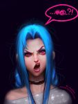  artist_name ayya_saparniyazova black_background blue_hair casual deviantart_username eyebrows eyeshadow freckles highres jinx_(league_of_legends) league_of_legends lips long_hair looking_at_viewer makeup no_bangs nose off-shoulder_shirt open_mouth parted_lips pink_eyes shirt simple_background speech_bubble teeth watermark web_address 