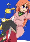  1girl ahoge bangs blue_background blue_eyes blush buttons chaps crossed_legs daifuco double-breasted flip_flappers hair_between_eyes long_hair long_sleeves open_mouth orange_hair papika_(flip_flappers) robot simple_background solo trench_coat tt-392 turtleneck 