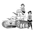  2girls arms_behind_back bangs bat beret blouse closed_mouth commentary commentary_request cross-laced_footwear emblem girls_und_panzer ground_vehicle halftone hat highres jacket long_sleeves looking_at_viewer military military_uniform military_vehicle miniskirt monochrome motor_vehicle multiple_girls necktie open_clothes open_jacket original pleated_skirt r-1_(tank) shoes short_hair sitting skirt smile standing swept_bangs tank thigh-highs uniform yoyokkun 