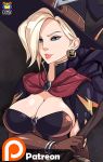  1girl alternate_costume artist_name bangle blonde_hair blue_eyes bracelet breast_hold breasts brown_gloves capelet cleavage earrings elbow_gloves gloves halloween_costume hat holding holding_staff jack-o&#039;-lantern_earrings jewelry kyoffie12 large_breasts lips mechanical_wings mercy_(overwatch) nose overwatch parted_lips patreon short_sleeves signature staff upper_body watermark wings witch witch_hat witch_mercy 
