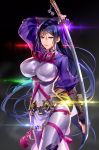  1girl absurdres breasts cowboy_shot diffraction_spikes fate/grand_order fate_(series) fingerless_gloves gloves hair_between_eyes highres japanese_clothes katana large_breasts long_hair looking_at_viewer minamoto_no_yorimitsu_(fate/grand_order) murakami_yuichi parted_lips purple_hair smile solo sword very_long_hair violet_eyes weapon 