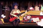  1girl bass_guitar bench black_cat black_legwear blue_hair blue_skirt bouquet breast_press breasts butterfly candle cat english fire flame flower hair_ornament high_collar holding_instrument instrument knees_together_feet_apart large_breasts long_hair long_sleeves looking_at_viewer mr.tendou original outdoors pantyhose parted_lips petals pleated_skirt ribbed_sweater shade sitting skirt solo sweater violet_eyes 