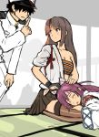  admiral_(kantai_collection) bow drooling finger_to_mouth hair_bow hair_intakes hand_on_own_knee japanese_clothes kantai_collection lap_pillow long_hair pleated_skirt saliva shouhou_(kantai_collection) shushing skirt sleeping strapless thigh-highs tomamatto tubetop zettai_ryouiki zuihou_(kantai_collection) 