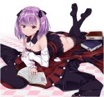  &gt;:) 1girl ass black_legwear black_panties black_ribbon blush book breasts checkered checkered_floor cleavage clothes_on_floor coat detached_collar detached_sleeves dress fate/grand_order fate_(series) fingernails hair_ribbon hat hat_removed headwear_removed helena_blavatsky_(fate/grand_order) highres legs_up looking_at_viewer lying mishin_(mbmnk) no_shoes on_stomach open_book panties purple_hair ribbon small_breasts smile solo thigh-highs twintails underwear violet_eyes 