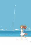  1girl arms_behind_back barefoot beach brown_eyes brown_hair closed_mouth clouds day dress footprints from_side highres kneepits liftoff long_hair original outdoors own_hands_together rocket samnedar sky sleeveless sleeveless_dress smile solo starfish sundress water wind 