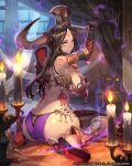  1girl bodypaint breasts brown_hair candle candlestand fire hat highres horns jewelry lack large_breasts long_hair looking_at_viewer looking_back lost_crusade panties sideboob sitting smile solo underwear 