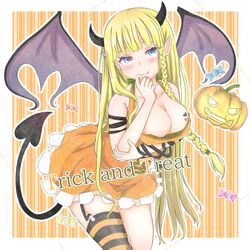  1girl arm_ribbon aruru_(aruruxaruru) black_ribbon blonde_hair blue_eyes blush braid breasts cleavage closed_mouth collarbone demon_girl demon_horns demon_tail demon_wings dress english garter_straps halloween heart horns jack-o&#039;-lantern leaning_forward long_hair medium_breasts orange_dress original outline pointy_ears ribbon side_braid single_thighhigh smile solo striped striped_legwear tail thigh-highs trick_or_treat vertical-striped_background vertical_stripes very_long_hair wings wrapped_candy 