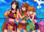  &gt;:) 3girls :d amy_(suisei_no_gargantia) aqua_eyes bag bare_shoulders belt belt_pouch bird black_hair blonde_hair breasts brown_hair capelet cleavage cowboy_shot crop_top day grin hand_on_another&#039;s_shoulder jewelry large_breasts long_sleeves looking_at_viewer melty_(suisei_no_gargantia) messenger_bag minazuki_(0038) multiple_girls navel necklace ocean open_clothes open_mouth open_vest railing saaya_(suisei_no_gargantia) sash seagull shoulder_bag shoulder_cutout skirt small_breasts smile stomach strapless suisei_no_gargantia teeth tubetop vest yellow_eyes 