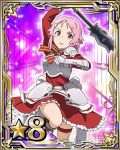  1girl arm_up bow bowtie breastplate card_(medium) dress hair_ornament hairclip holding holding_weapon lisbeth number one_leg_raised pink_hair red_dress red_eyes short_hair solo striped striped_bow sword_art_online thigh_strap warhammer weapon 