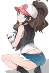  1girl ass bare_legs baseball_cap black_vest blue_eyes boots brown_hair denim denim_shorts from_behind hat high_ponytail looking_back luse_maonang oshawott panties pink_panties pokemon pokemon_(creature) pokemon_(game) pokemon_bw shirt shorts sleeveless sleeveless_shirt squatting touko_(pokemon) underwear white_background white_shirt 