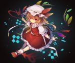  1girl blonde_hair bow commentary_request flandre_scarlet gensou_aporo hat hat_bow laevatein mob_cap puffy_short_sleeves puffy_sleeves red_eyes red_shoes red_skirt red_vest shoes short_sleeves skirt solo touhou white_hat wings 